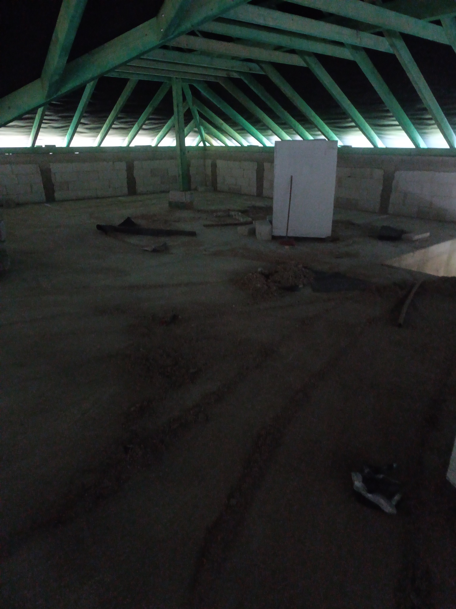 Poddasze z zieloną więźbą dachową i oknami w tle. Widoczne materiały budowlane i elementy konstrukcyjne. Wnętrze w trakcie prac, prawdopodobnie ocieplania.