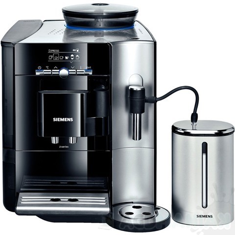 Automatyczny ekspres do kawy Siemens Z-series z zewnętrznym pojemnikiem na mleko, idealny do biura lub domu.