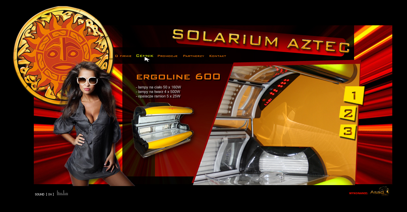 Strona internetowa salonu solarium Aztec z grafiką słońca w stylu azteckim, modelką i urządzeniem Ergoline 600.