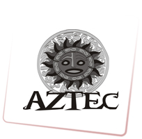 Stylizowany logotyp firmy 'AZTEC' przedstawiający słońce z rysami twarzy w ozdobnym okręgu na białym tle.