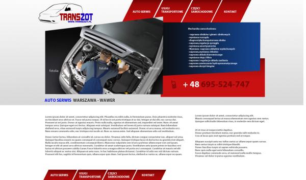 Projekt strony internetowej warsztatu samochodowego z mechanikiem pracującym przy silniku i listą usług mechanicznych.