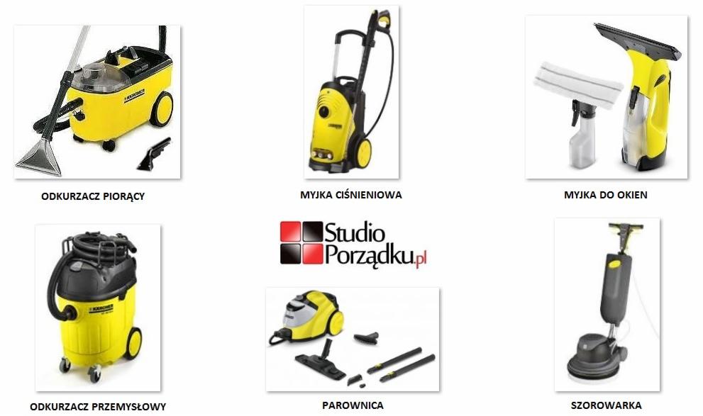 Zestaw urządzeń czyszczących: odkurzacz piorący, myjka ciśnieniowa, parownica, szorowarka i myjka do okien marki Karcher, prezentowanych na białym tle.