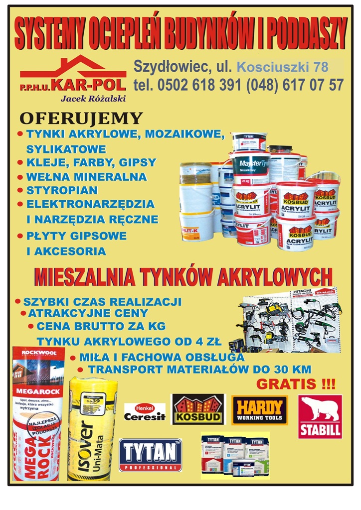 Ogłoszenie firmy oferującej systemy ociepleń budynków i poddaszy, mieszalnię tynków akrylowych, narzędzia i materiały budowlane, prezentujące produkty marek takich jak Rockwool, Isover, Ceresit...