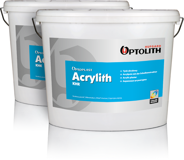 Dwa białe wiadra z tynkiem akrylowym Optoplast Acrylith KHR, widoczne etykiety z nazwą produktu i logo producenta Hufgard.