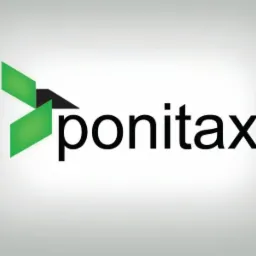 Logo firmy Ponitax z zielonymi i czarnymi elementami graficznymi w kształcie strzałki skierowanej w prawo, obok nazwy firmy napisaną czarną czcionką.