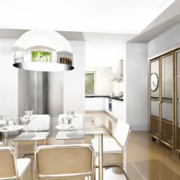 Wizualizacja wnętrza: minimalistyczna jadalnia z widokiem na kuchnię, szklany stół z białymi krzesłami, duża chromowana lampa wisząca i wysoka przeszklona witryna z zastawą.