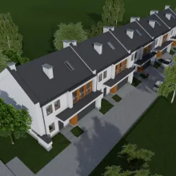 Wizualizacja szeregu nowoczesnych domów z płaskimi dachami, z widocznymi garażami i małymi balkonami, otoczonych zielenią i utwardzonym terenem.