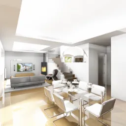 Wizualizacja przestronnego, nowoczesnego wnętrza domu z otwartą kuchnią, jadalnią ze szklanym stołem i salonem z kominkiem, schodami na piętro i dużymi oknami.