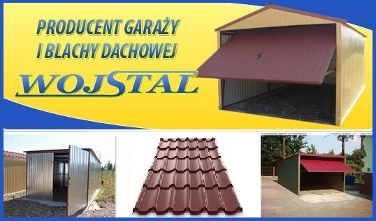 Kompozycja zdjęć prezentująca garaże blaszane: otwarty garaż z brązową bramą, garaż z otwartymi drzwiami bocznymi, zbliżenie na brązowe arkusze faliste oraz mały garaż z czerwoną bramą, na górze...