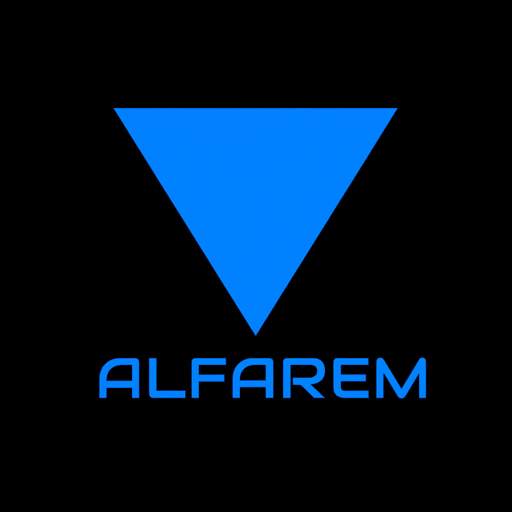 Niebieski trójkąt skierowany w dół nad napisem 'ALFAREM' na czarnym tle. Logo firmy w futurystycznym stylu.