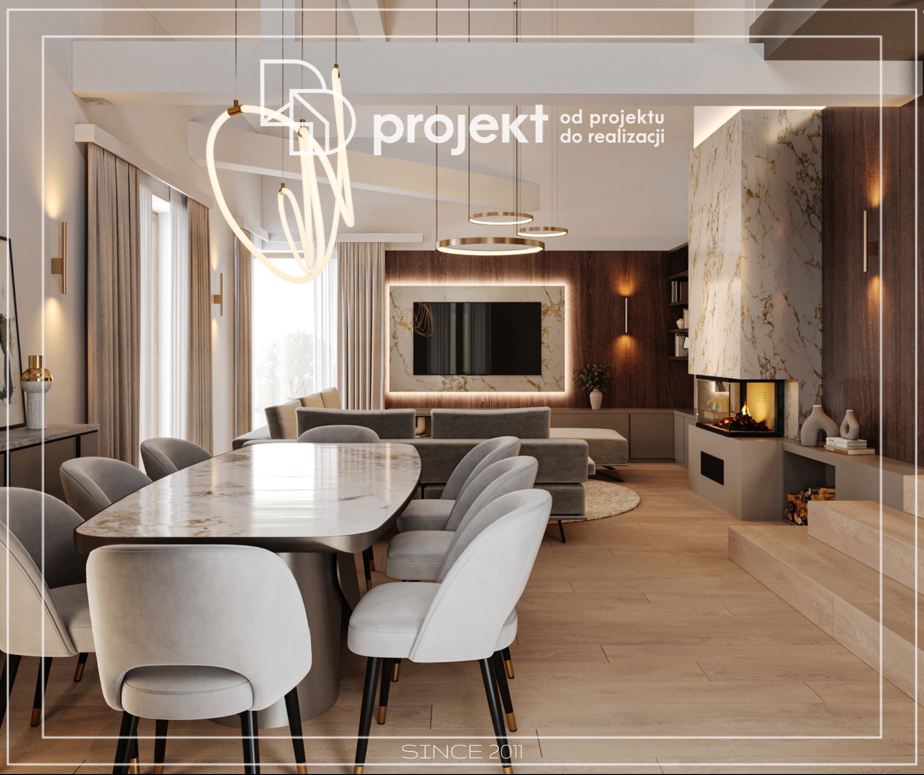 Eleganckie wnętrze salonu z jadalnią w odcieniach beżu i szarości, z marmurowym kominkiem, designerskim oświetleniem i dużym stołem z krzesłami na czarnych nóżkach z elementami złota.