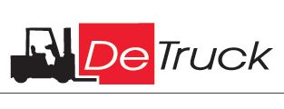 Logo firmy DeTruck z sylwetką wózka widłowego po lewej stronie i nazwą firmy wpisaną w czerwony kwadrat.