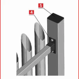 Fragment ogrodzenia palisadowego PP 060: metalowe rury przymocowane do słupka za pomocą śrub.