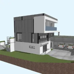 Wizualizacja dwupiętrowego domu z płaskim dachem, dużymi oknami i garażem na dwa samochody, zrealizowana w minimalistycznym stylu.
