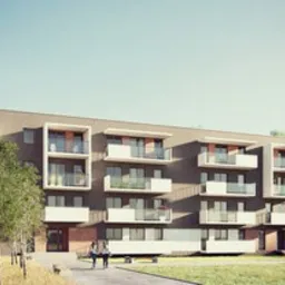 Wizualizacja nowoczesnego, trzypiętrowego budynku mieszkalnego z balkonami, otoczonego zielenią i spacerującymi osobami.