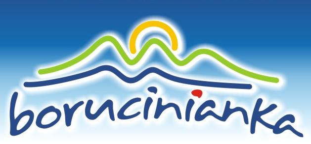 Logo wody źródlanej Borucinianka z stylizowanym krajobrazem gór i słońca na niebieskim tle.