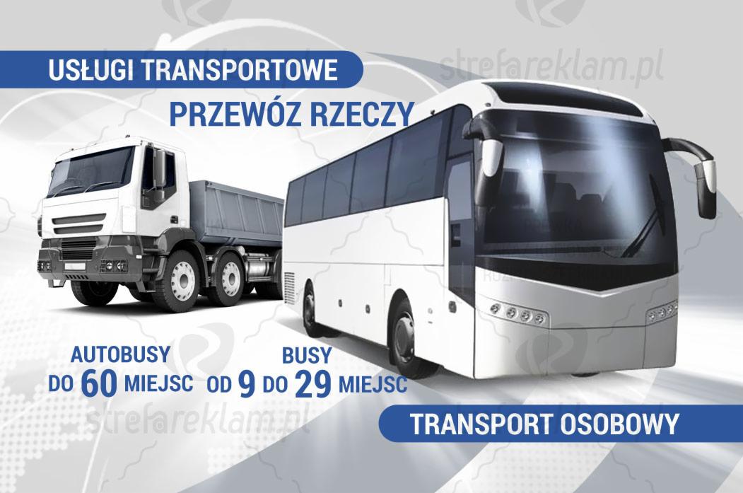 Grafika reklamowa przedstawiająca biały autokar z ciemnymi szybami i ciężarówkę z otwartą skrzynią ładunkową, z informacją o transporcie osobowym i przewozie rzeczy, oraz liczbie miejsc w autobusach.