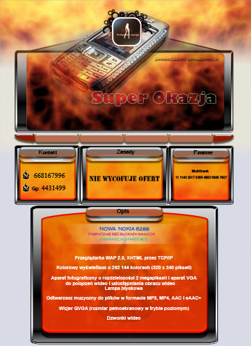 Szablon strony internetowej w stylu allegro, prezentujący ofertę telefonu Nokia 6288 z informacjami o parametrach i funkcjach.