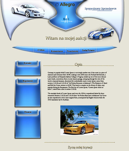 Szablon strony aukcyjnej Allegro z grafiką samochodów sportowych, logo firmy projektowej Kali i tekstem Lorem Ipsum w sekcji opisu.