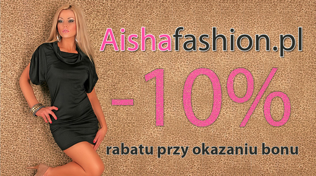 Modelka prezentuje czarną sukienkę na tle z motywem panterki obok napisu AishaFashion.pl i informacji o rabacie -10% przy okazaniu bonu.