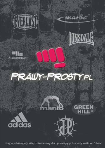 Grafika przedstawiająca logo sklepu internetowego Prawy-Prosty.pl z branży sportów walki, otoczone logotypami marek Everlast, marbo, Pit Bull West Coast, Lonsdale, Manto, Green Hill i Adidas...