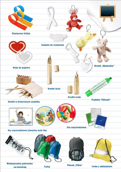 Zestaw artykułów szkolnych i gadżetów reklamowych na białym tle w linie: elastyczne linijki, klipsy do papieru, kredki w pudełkach, dodatki do maskotek, breloki maskotki, pudełko ołówkowe, gry...