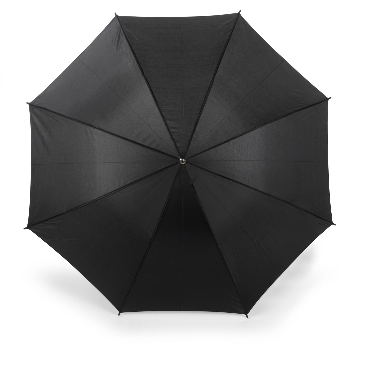 Czarny, automatyczny parasol otwarty od góry, na białym tle, z widocznym mechanizmem i symetrycznym układem paneli.