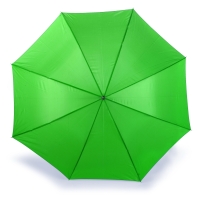 Widok z góry na otwarty, jaskrawozielony parasol. Centralnie umieszczony, równomiernie oświetlony, rzucający delikatny cień na białym tle.