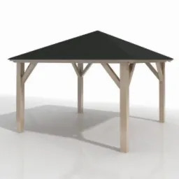 Wizualizacja 3D drewnianej altany ogrodowej z czarnym dachem na białym tle.