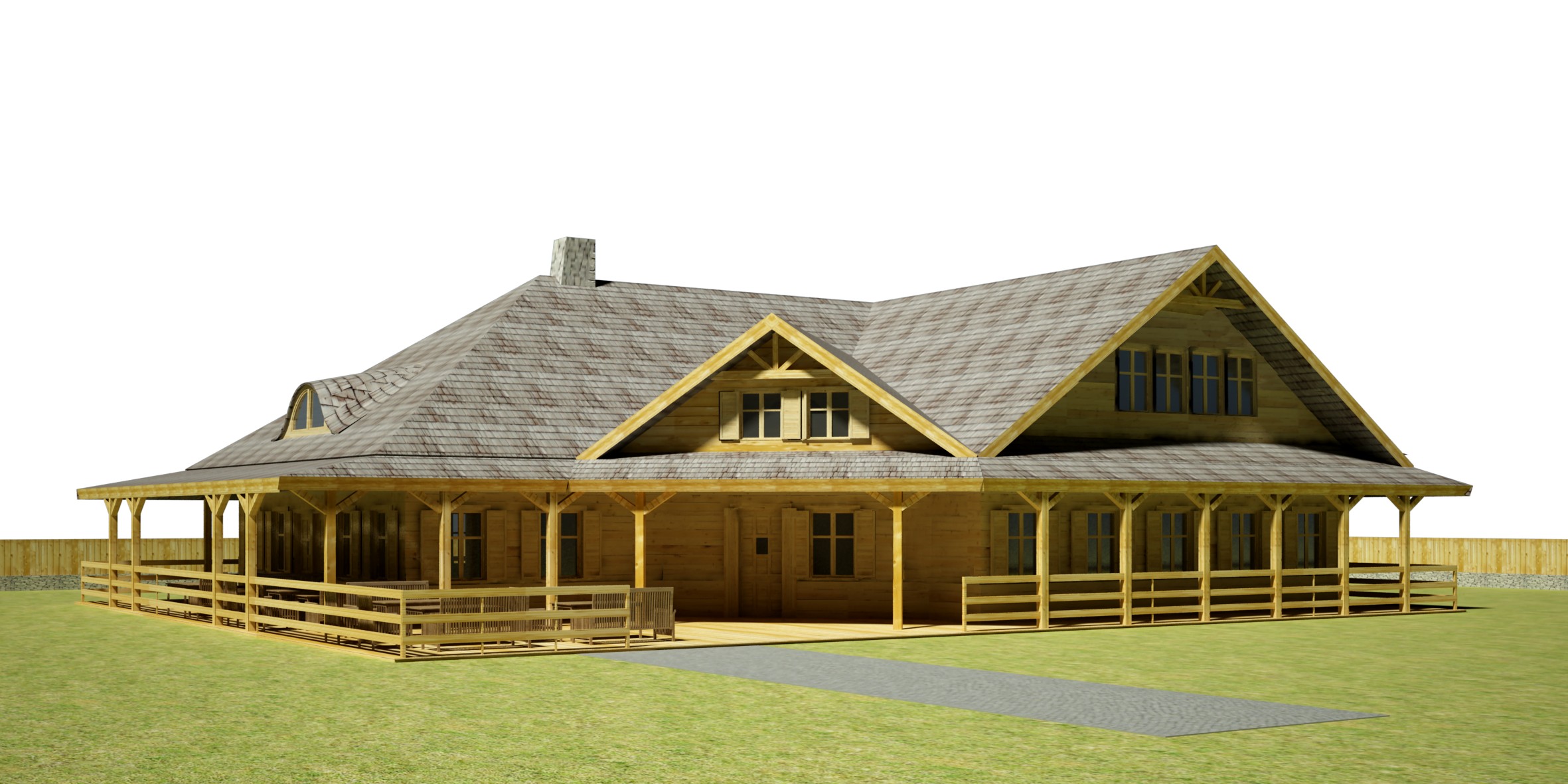 Wizualizacja projektu domu szkieletowego z drewnianą werandą, dwuspadowym dachem krytym gontem i kominem, otoczonego zielonym trawnikiem i drewnianym płotem.