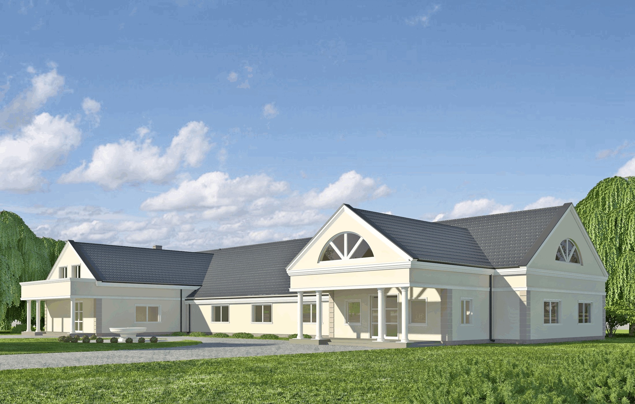 Wizualizacja projektu parterowego domu z jasną elewacją, grafitowym dachem i kolumnami wejściowymi, otoczonego zielonym trawnikiem i drzewami, z widocznym fragmentem nieba z chmurami.