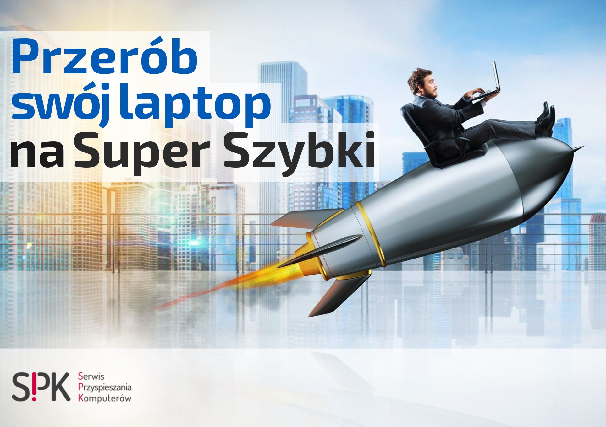 Mężczyzna w garniturze siedzi na rakiecie z laptopem na tle panoramy miasta, koncepcja szybkiego serwisu komputerowego.
