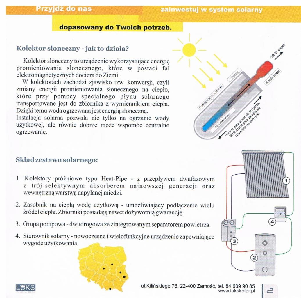 Schemat działania kolektora słonecznego typu Heat-Pipe, prezentujący budowę i zasadę działania systemu solarnego z wykorzystaniem próżniowych kolektorów.