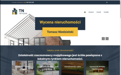 Strona internetowa firmy wyceniającej nieruchomości, z logo TN Wycena, hasłem 'Wycena nieruchomości' i zdjęciami lokali, gruntów i nieruchomości rolnych