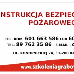 Instrukcja BHP z czerwonym gaśnicą, numerami telefonów i adresem e-mail. Promocja szkoleń z bezpieczeństwa pożarowego.