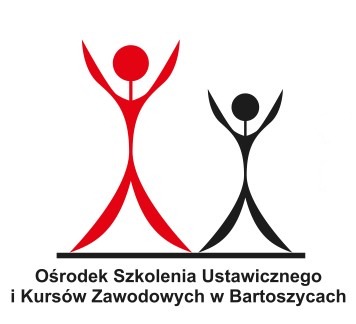 Logo Ośrodka Szkolenia Ustawicznego i Kursów Zawodowych w Bartoszycach z dwoma schematycznymi postaciami: czerwoną i czarną, na białym tle.