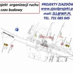 Projekt organizacji ruchu na czas budowy z oznaczeniami drogowymi, adres www i numer telefonu. Plan zagospodarowania z naniesionymi znakami.