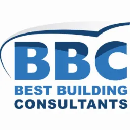 Logo firmy BBC - Best Building Consultants z niebieskim napisem i graficznym elementem nad nim.