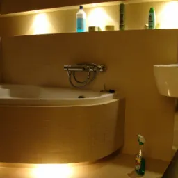 Nowoczesna łazienka w Lublinie z narożną wanną obudowaną mozaiką, chromowaną baterią, umywalką nablatową i oświetleniem punktowym.