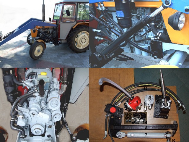 Zestaw do wspomagania kierownicy ciągnika Ursus C-330/C-360/4011/C-355: widok ogólny ciągnika z zamontowanym ładowaczem czołowym, zbliżenie na siłownik hydrauliczny, silnik oraz komplet części...