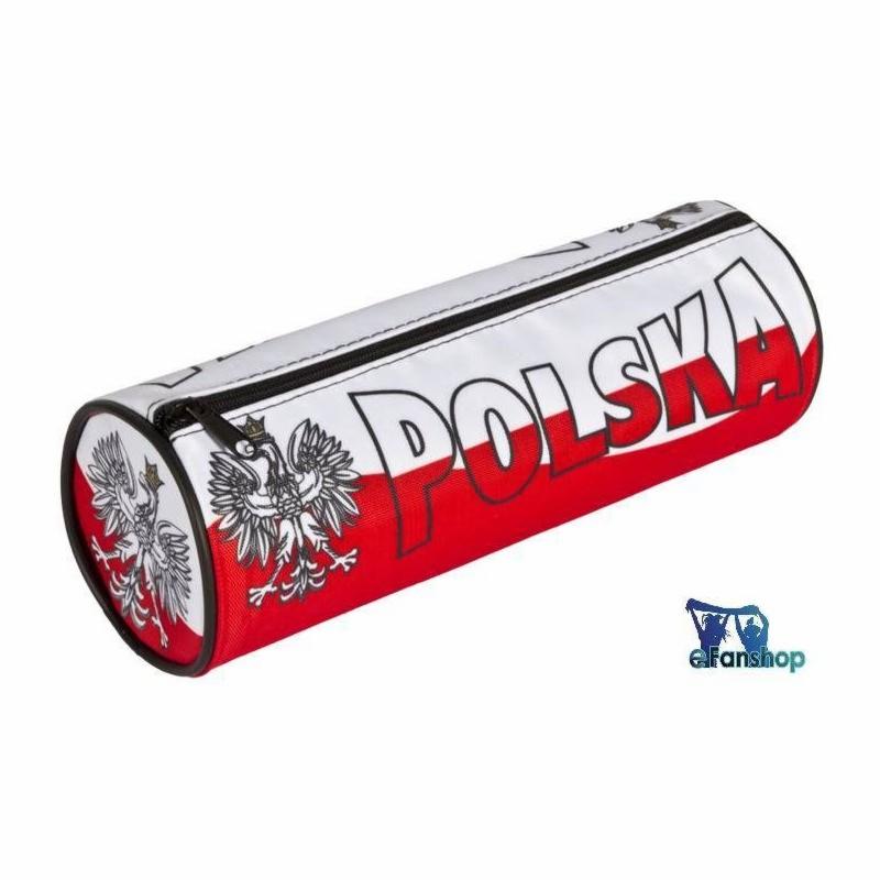 Piórnik tuba z nadrukiem godła Polski i napisem 'POLSKA', z czarnym zamkiem błyskawicznym, na białym tle.