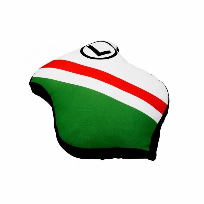 Dekoracyjna poduszka w kształcie herbu klubu sportowego z biało-czerwono-zielonym pasem na białym tle.