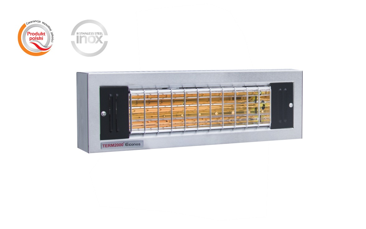 Świecący, elektryczny promiennik ciepła TERM2000 Econos w obudowie ze stali nierdzewnej, widoczne oznaczenia 'Produkt polski' i 'Stainless Steel Inox'.