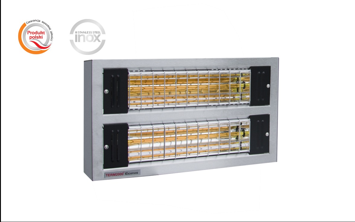 Dwupoziomowy, metalowy promiennik ciepła TERM2000 Econos z widocznymi elementami grzewczymi, na białym tle.