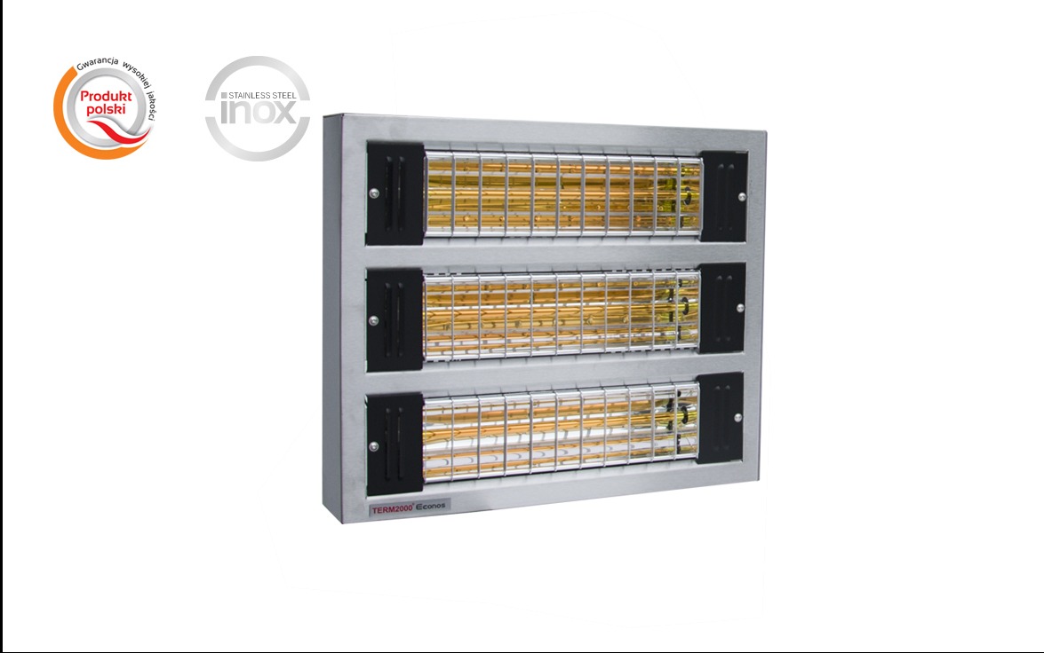 Trzyczęściowy, metalowy promiennik ciepła TERM2000 Econos z widocznymi elementami grzewczymi, oznaczony logotypami 'Produkt polski' i 'Stainless Steel Inox' w lewym górnym rogu.