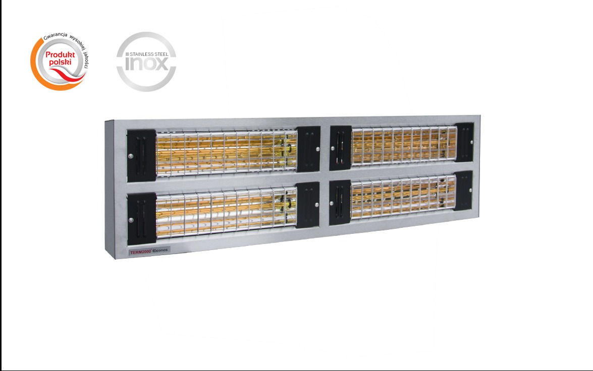Dwusekcyjny promiennik ciepła TERM2000 Econos z oznaczeniami 'Produkt polski' i 'Stainless Steel Inox' na białym tle.