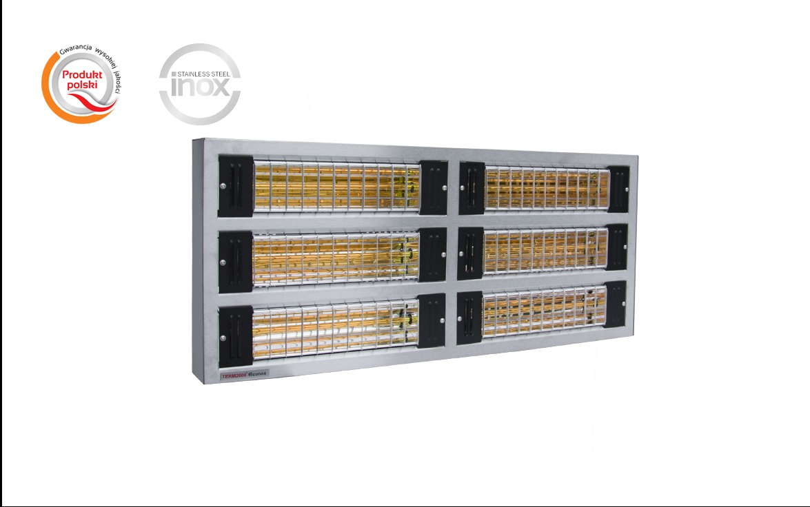 Panelowy grzejnik elektryczny Term2000 Econos ze stali nierdzewnej z trzema rzędami grzałek, widoczne logo 'Produkt polski' i 'Stainless Steel Inox'.