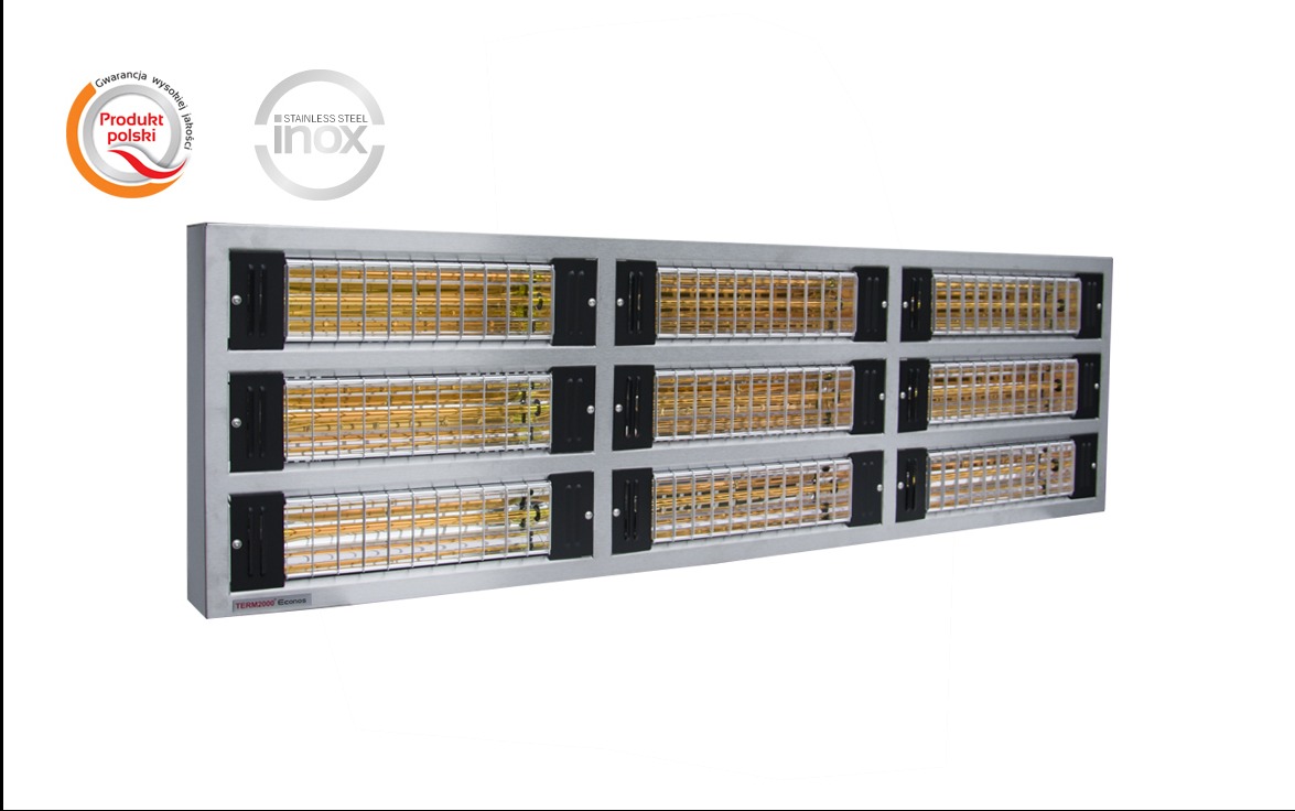 Panelowy promiennik ciepła TERM2000 Econos z trzema rzędami grzałek kwarcowych, w obudowie ze stali nierdzewnej, na białym tle.