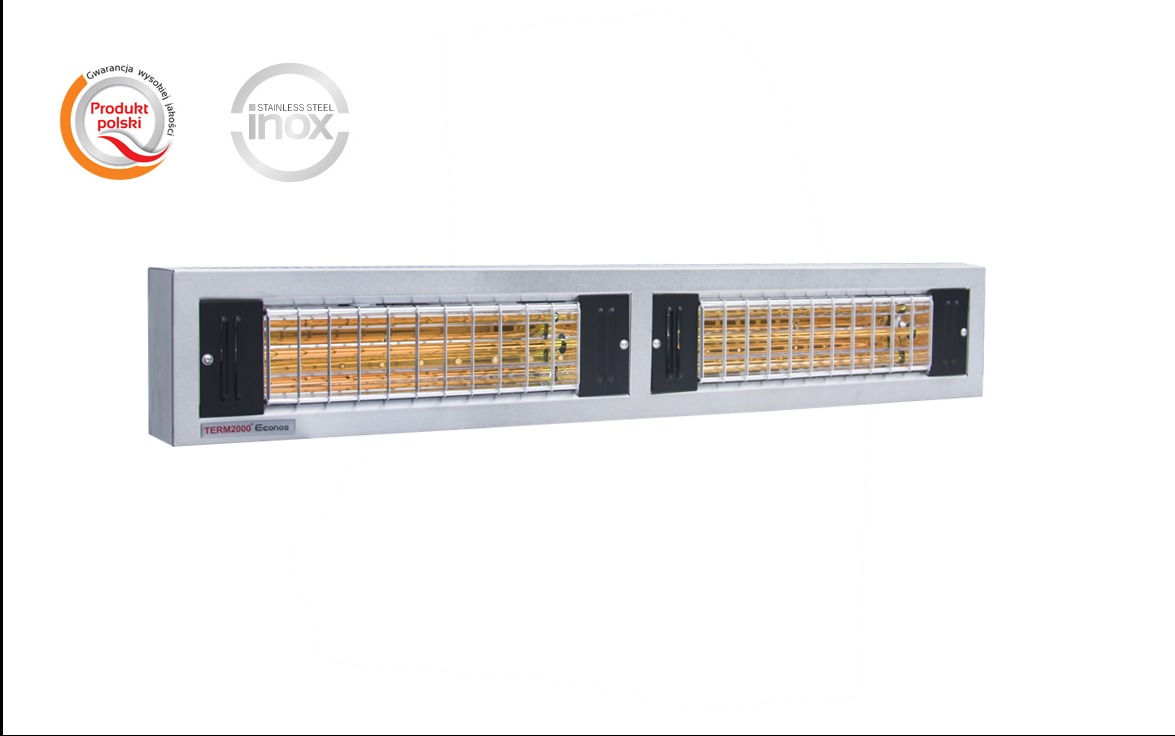 Grzejnik elektryczny TERM2000 Econos w obudowie ze stali nierdzewnej, widoczne logo 'Produkt polski' i 'Stainless Steel Inox' w górnych narożnikach.