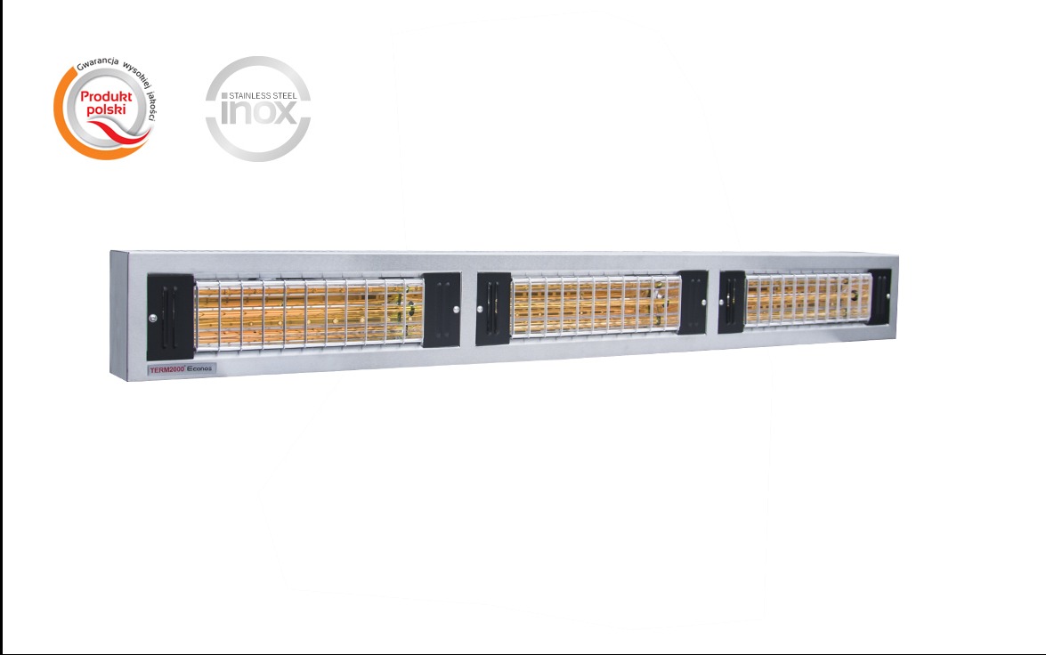 Panelowy promiennik ciepła TERM2000 Econos w srebrnej obudowie ze stali nierdzewnej, z widocznymi elementami grzewczymi za metalową siatką ochronną oraz oznaczeniami 'Produkt polski' i 'Stainless...
